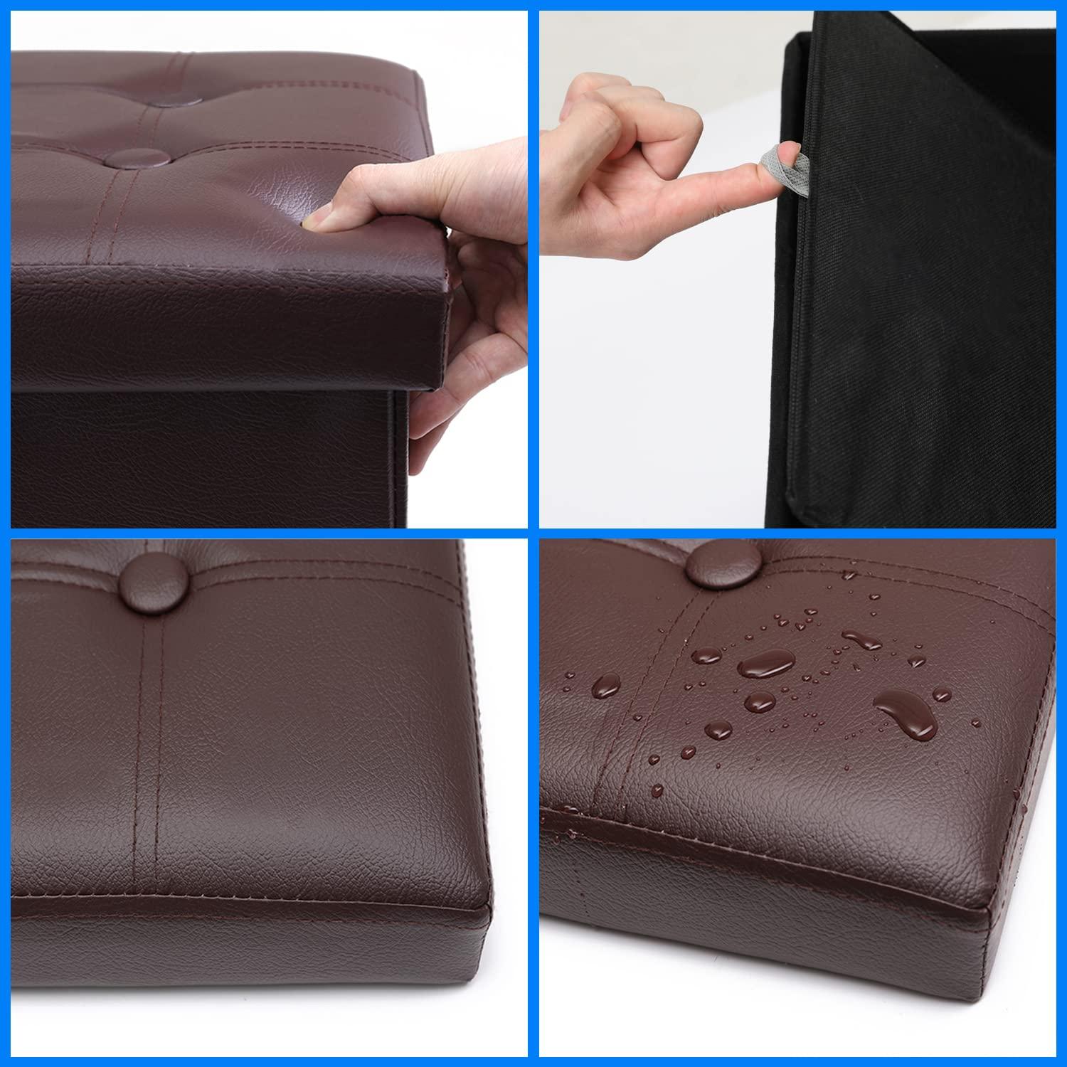 Storage Ottoman, Folding Foot Stool with Thicker Foam Padded Seat Small Leather Storage Ottoman Bench Foot Rest for Living Room Foldable Coffee Table 17x13x13in,Brown