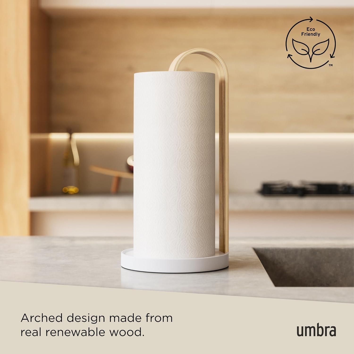 Umbra Bellwood Paper Towel Holder for Kitchen Countertop, with Real Wood Stand and Weighted Metal Base, White/Natural
