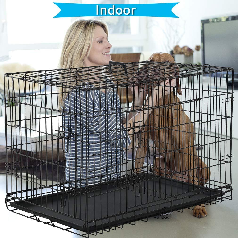 CL.HPAHKL Durable Large Dog Crate, Folding Metal Dog Kennel Double Door Dog Cage with Plastic Tray, Wire Crate for Large Dog Indoor Outdoor Travel (Black, 42 inch)