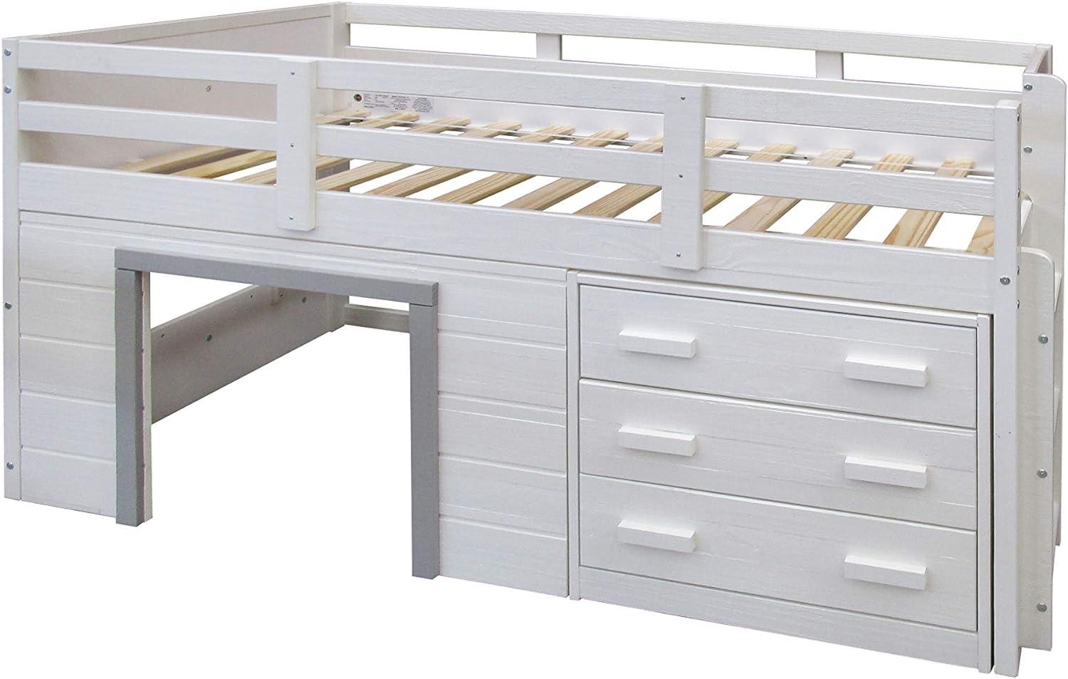 Sweet Dreams Twin Low Loft Bed with Drawer in White & Grey Pine