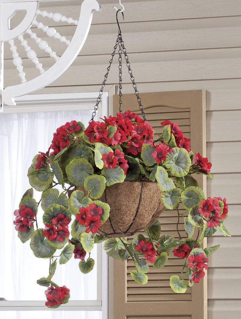 OakRidge Miles Kimball Cesta Colgante de Geranio Artificial Completamente Ensamblada, Cadena de 10” de Diámetro y 18” – Cesta Roja de Poliéster/plástico con Forro de Fibra de Metal y Coco para Uso en Interiores y Exteriores