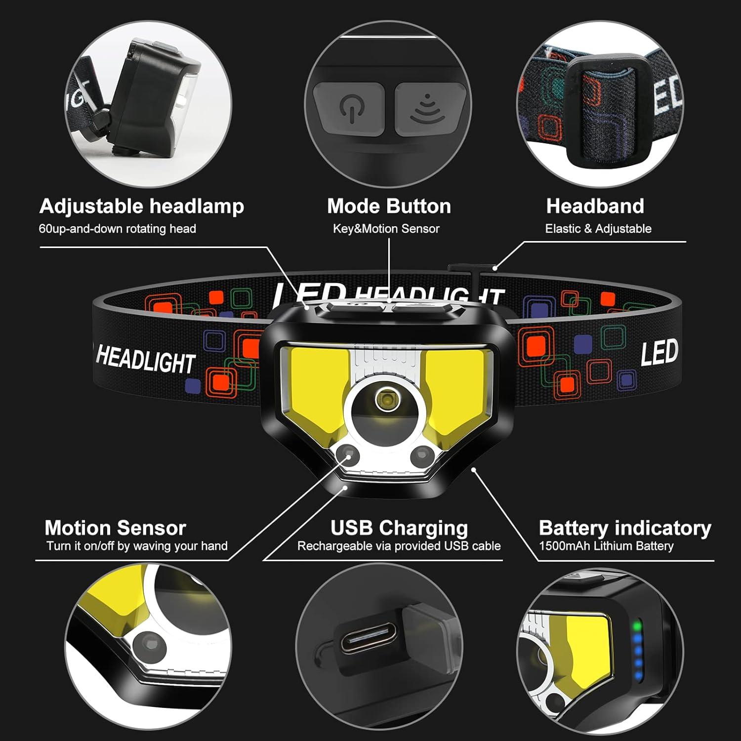 Headlamp Rechargeable, 2-Pack 1200 Lumen Super Bright with White Red LED Head Lamp Flashlight, 12 Modes, Motion Sensor, Waterproof, Outdoor Fishing Camping Running Cycling Headlight