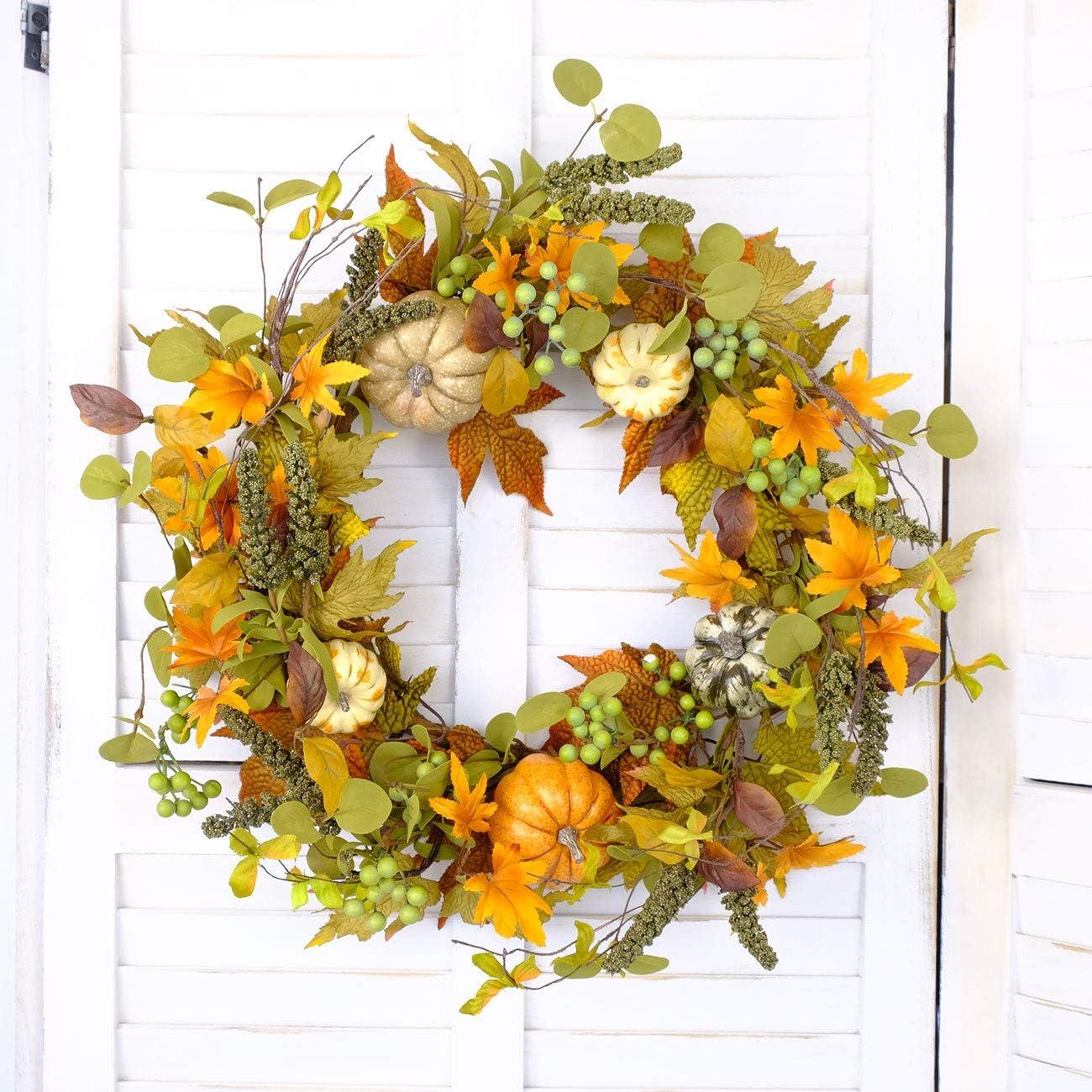 Fall Wreath 20’’ Autumn Front Door Wreath Harvest Wreath with Sunflower Pumpkins Berries Maple Leaves Daisies for Outside Indoor Home Wall Festival Thanksgiving Autumn Farmhouse Decor