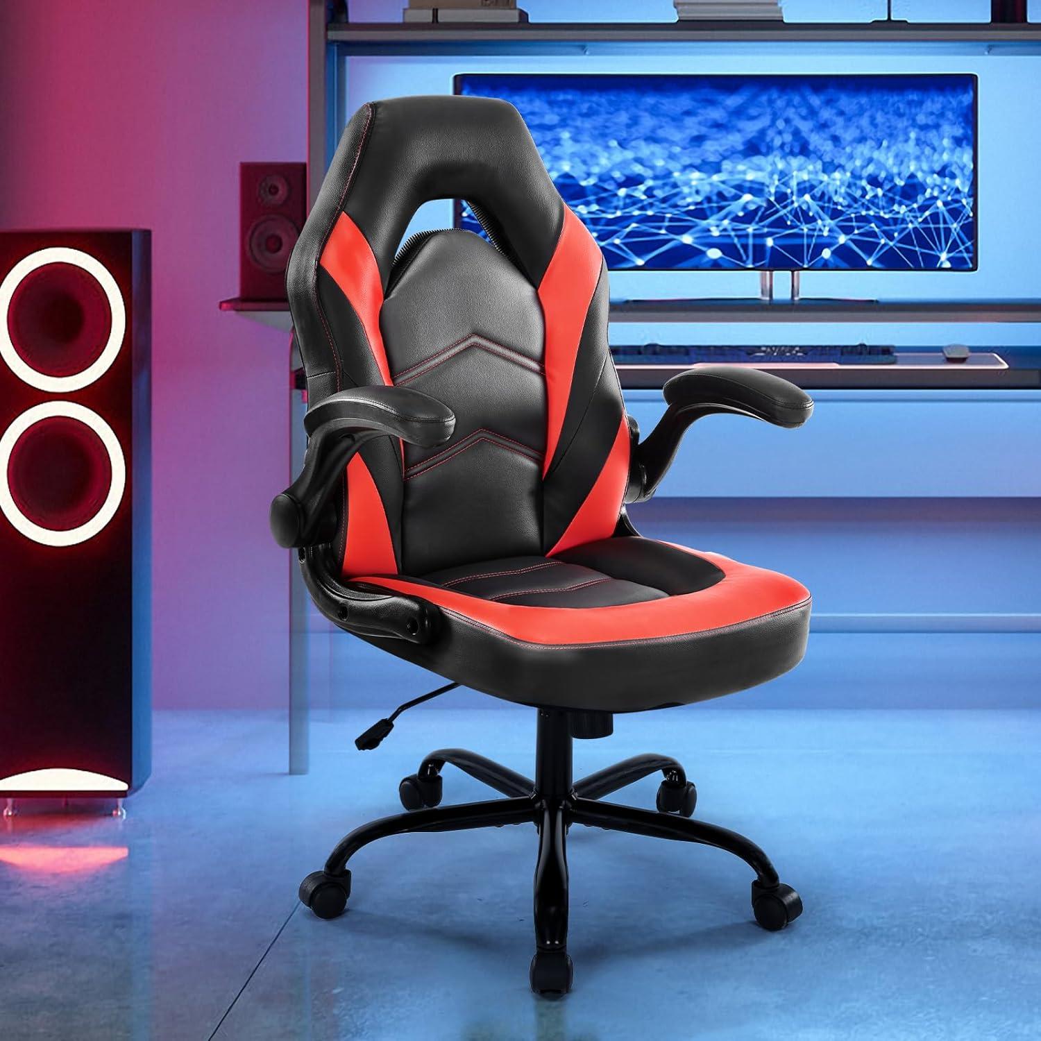 Domiluxe Ergonomic Computer Gaming Chair - Home Office Desk with PU Leather Lumbar Support,Height Adjustable with Flip-up Armrest,Swivel Wheels for Adults and Teens,Black＆Red