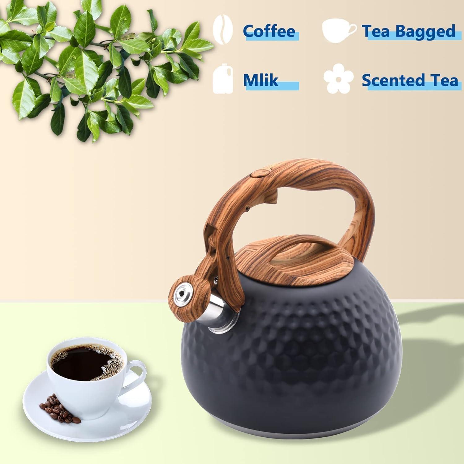 MODERN WALLS LLC Tea Kettle, 3.2 Qt Stainless Steel Whistling Kettle For Stove Top, Food Grade Teapot With Wood Pattern Handle For Coffee, Milk Etc, Gas Electric Applicable