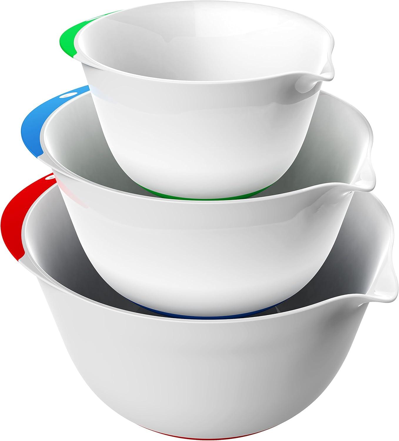 The Big Lebowlski Mixing Bowl Set - 3 Piece Plastic Bowl Set with Rubber Grip Handles, Easy Pour Spout, and Non-Skid Bottom - Baking, Marinating, and Salad Prep Tools