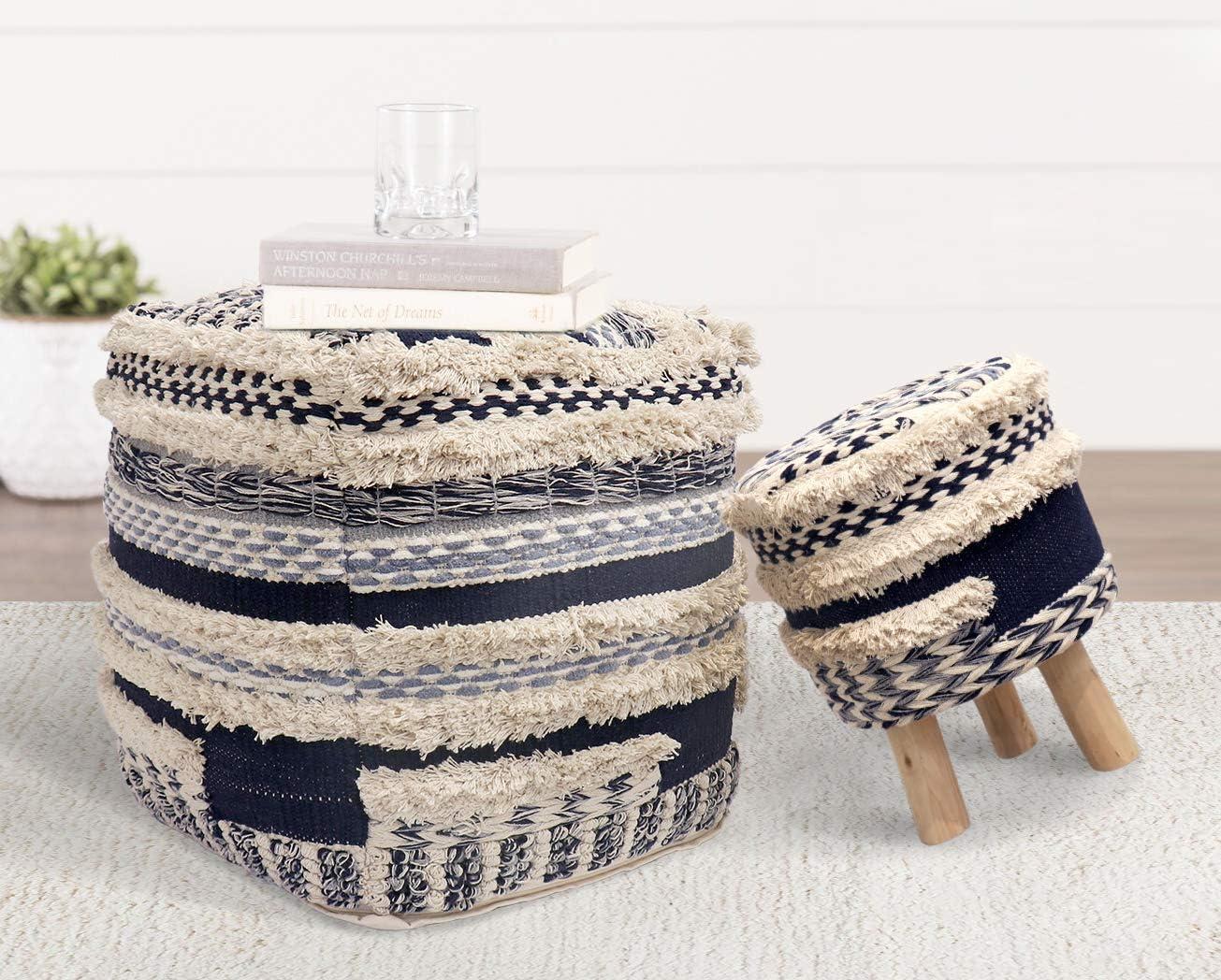 Navy and Beige Handwoven Cotton Shaggy Pouf