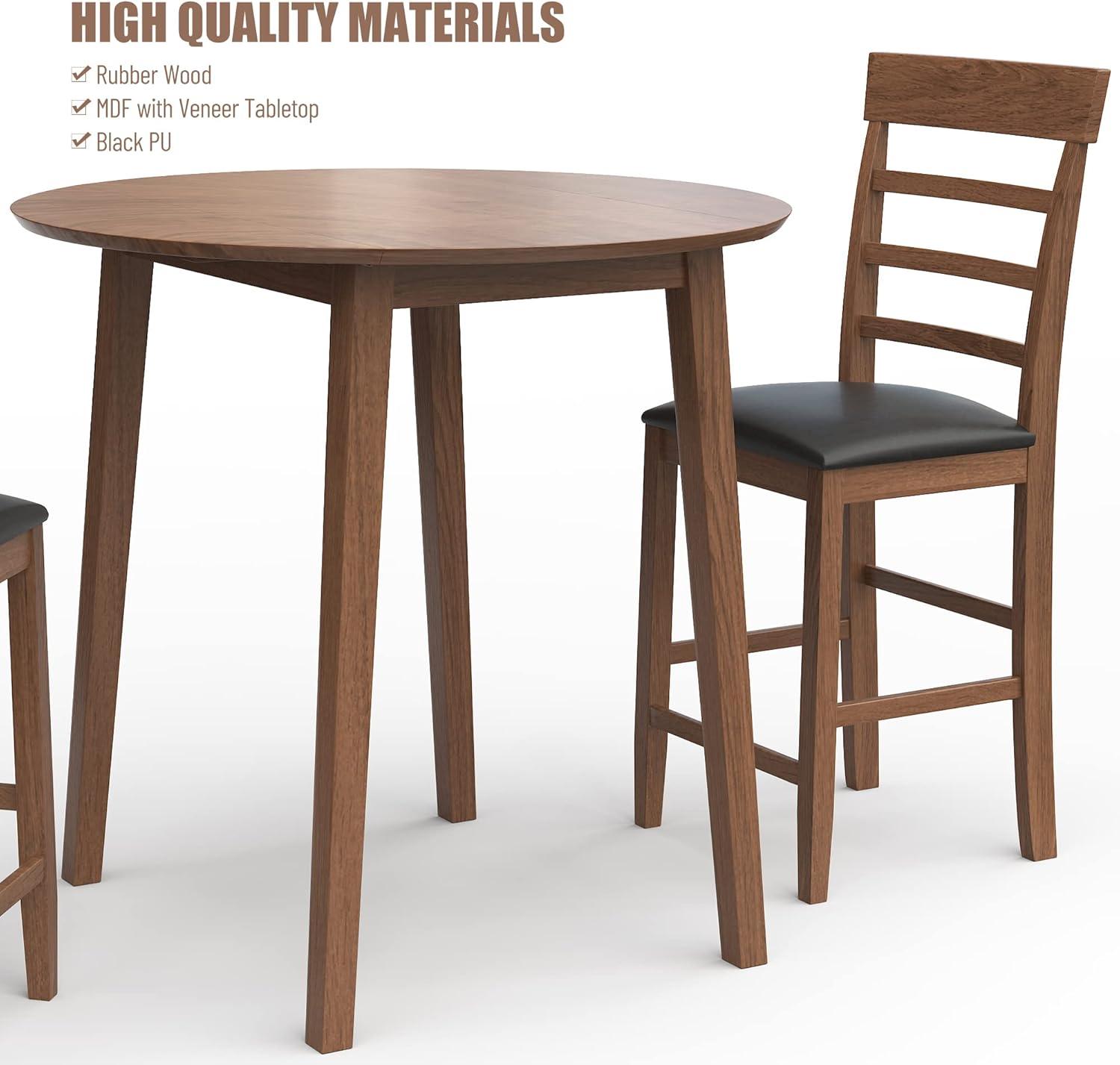 Walnut Rubber Wood Drop-Leaf Dining Table Set with Upholstered Chairs