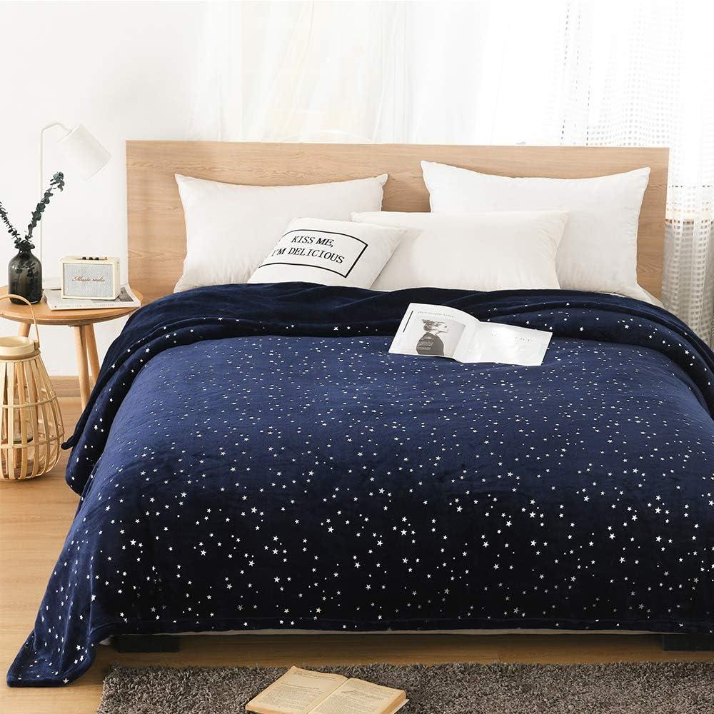 Queen Navy Blue Microfiber Fleece Blanket with Star Design