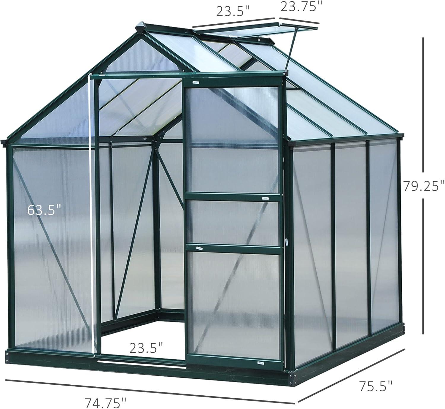 Outsunny 6' x 4' Greenhouse for Outdoors, Polycarbonate Greenhouse with Rain Gutter and Roof Vent, Aluminum Walk-in Green Houses for Outside for Patio Backyard Garden, Dark Green
