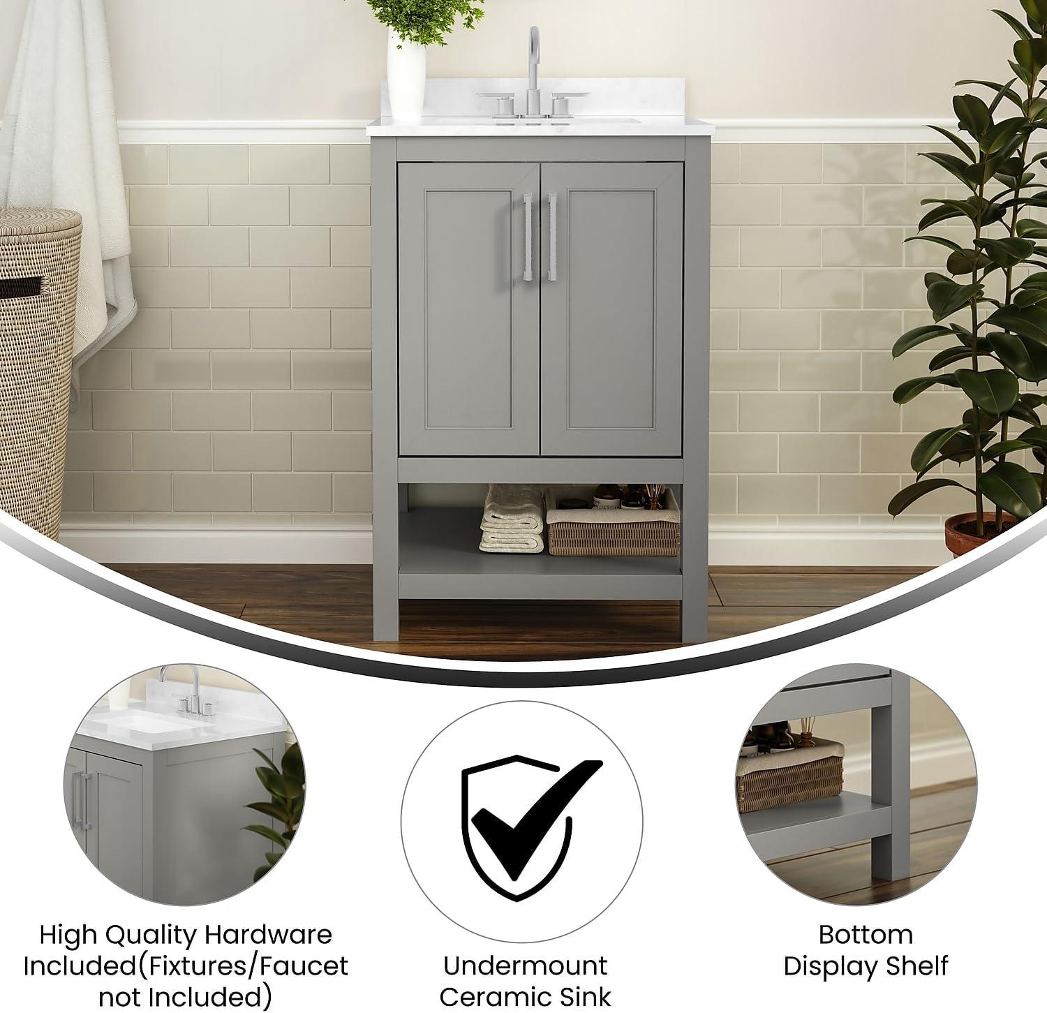 Flash Furniture Vega Bathroom Vanity with Sink Combo, Storage Cabinet with Soft Close Doors and Open Shelf, Carrara Marble Finish Countertop