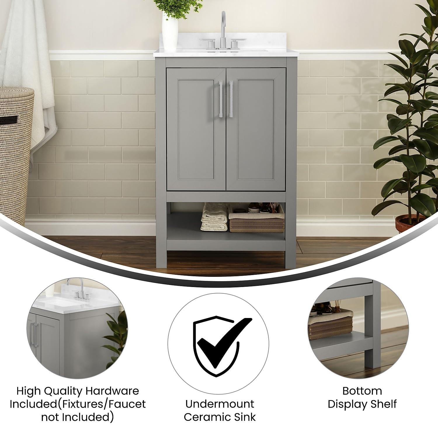 Flash Furniture 24 Inch Bathroom Vanity with Undermount Sink and Open Storage Shelf in Gray
