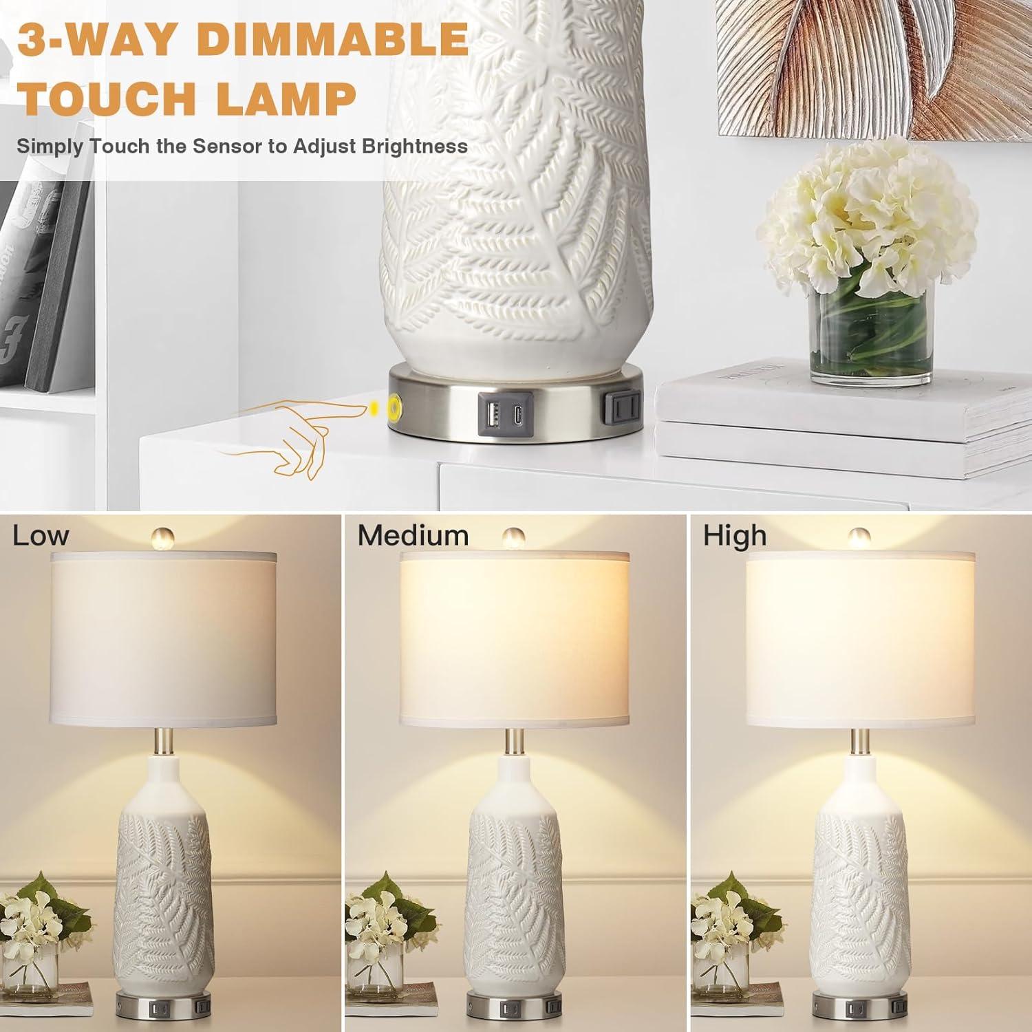 White Ceramic Table Lamps Set with Linen Shades and USB Ports