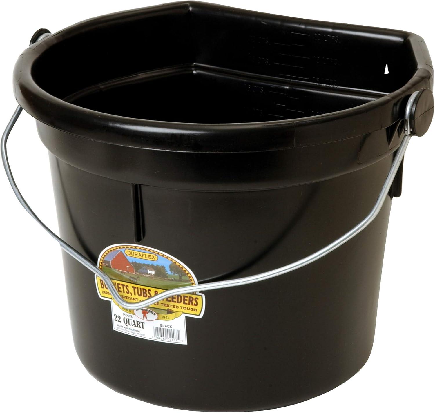 Little Giant 22 Quart Durable and Heavy-Duty Flat Plastic Animal Feed Bucket with Knob Bail and Stacking Ribs for Farms and Ranches, Black