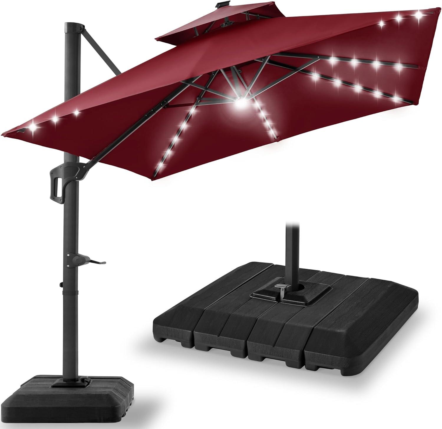 Arlmont & Co. Ronessa 10x10ft 2-Tier Square Outdoor Solar LED Cantilever Patio Umbrella w/ Base Included