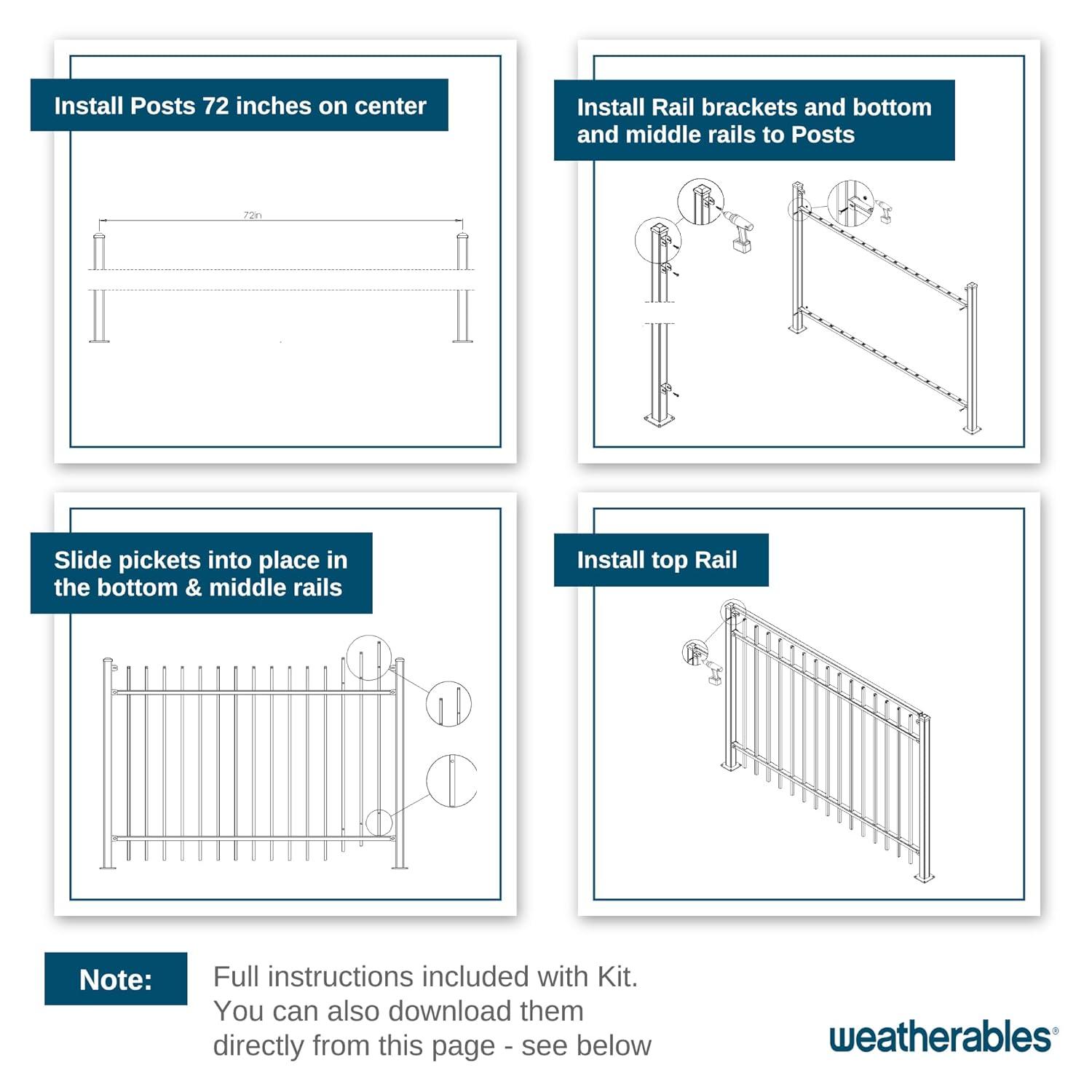 Weatherables Livingston Aluminum Fence Kit – DIY Kit for Backyard and Garden Fencing, Made with Durable Powder-Coated Aluminum That Combats Rust, Fading, and Corrosion (4’ x 6' Fence Panel)