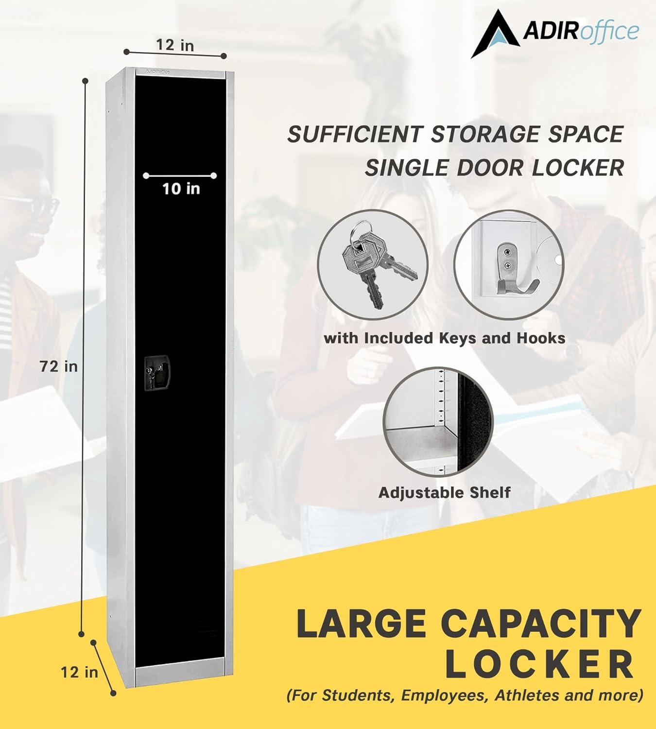 AdirOffice Large Steel Metal Cabinet 1-Tier Storage 1-Door Locker with Key & Hooks, White & Black