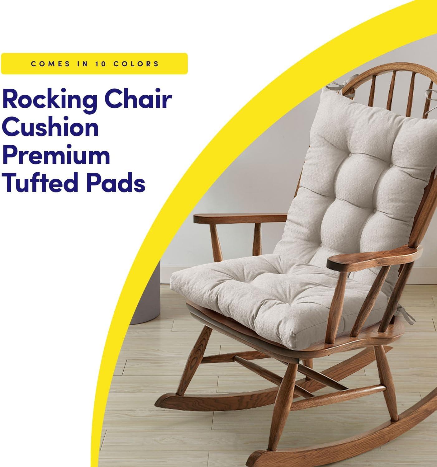 Rocking Chair Cushion 2 Piece Tufted Non Slip Set of Upper and Lower Cushions, Linen