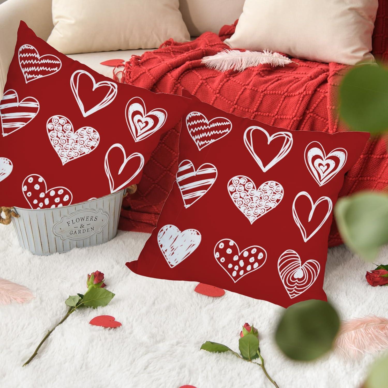 Red and White Polyester Valentine's Day Heart Pillow Covers 18x18 Inch Set