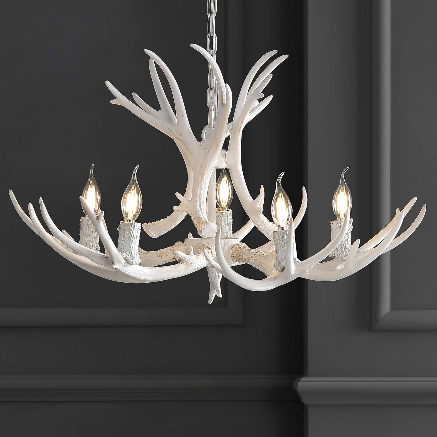 JONATHAN Y Eldora 30" Adjustable Resin Antler 5-Light LED Chandelier, White
