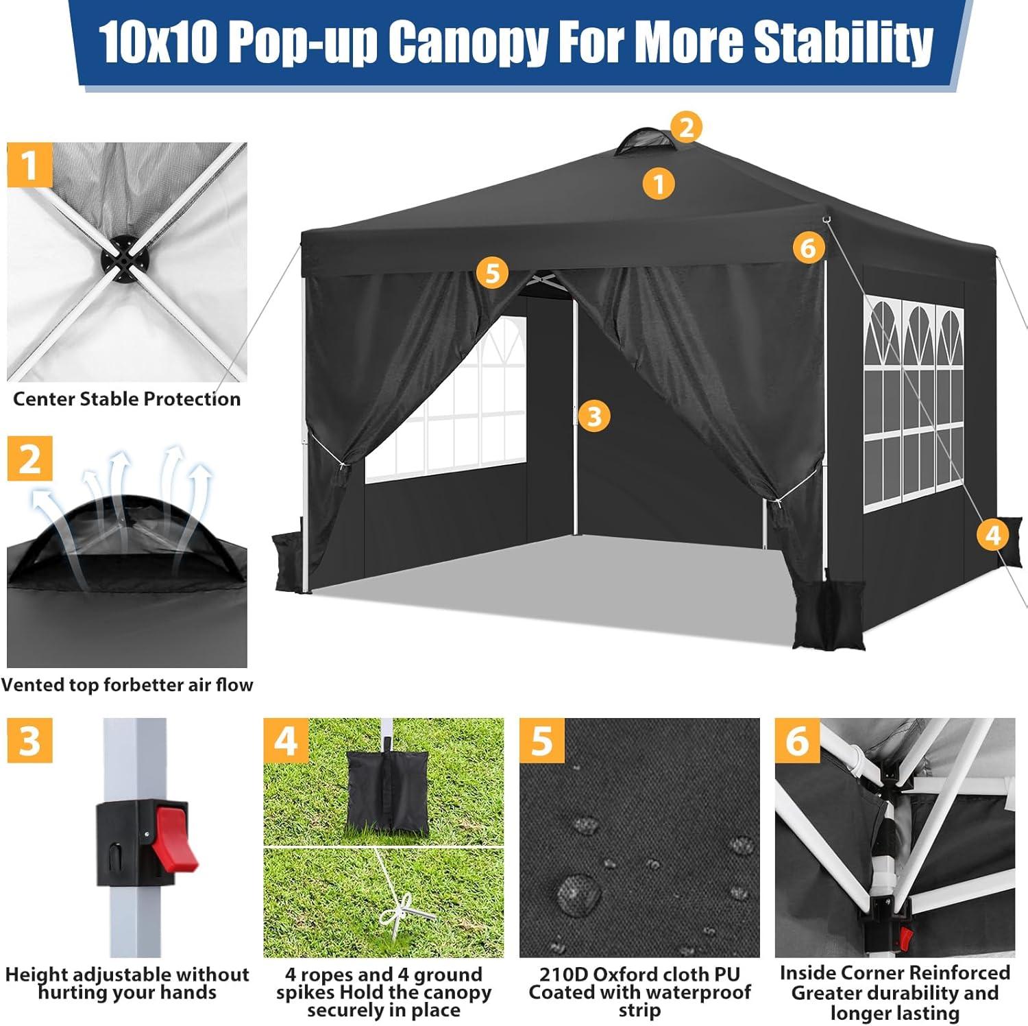 COBIZI 10X10 Ez Pop Up Canopy Tent Outdoor Event Shelter Party Tent One Person Quick Setup Portable Folding Waterproof Canopy Pop Up Tent for Party Camping Patio Beach,Black