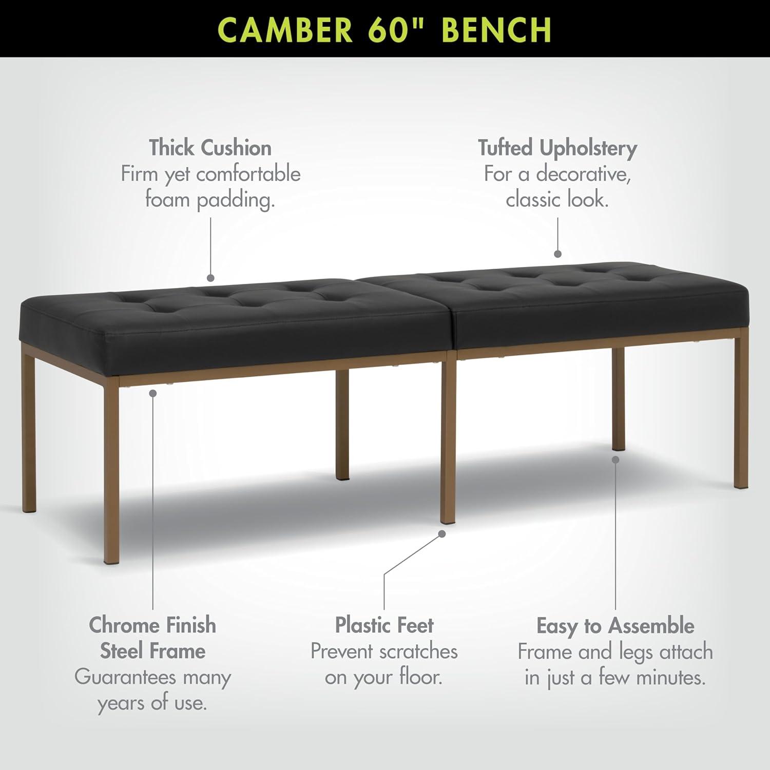60" Wide Camber Modern Metal and Bonded Leather Bench Black/Bronze - Studio Designs Home: Elegant Tufted Seating