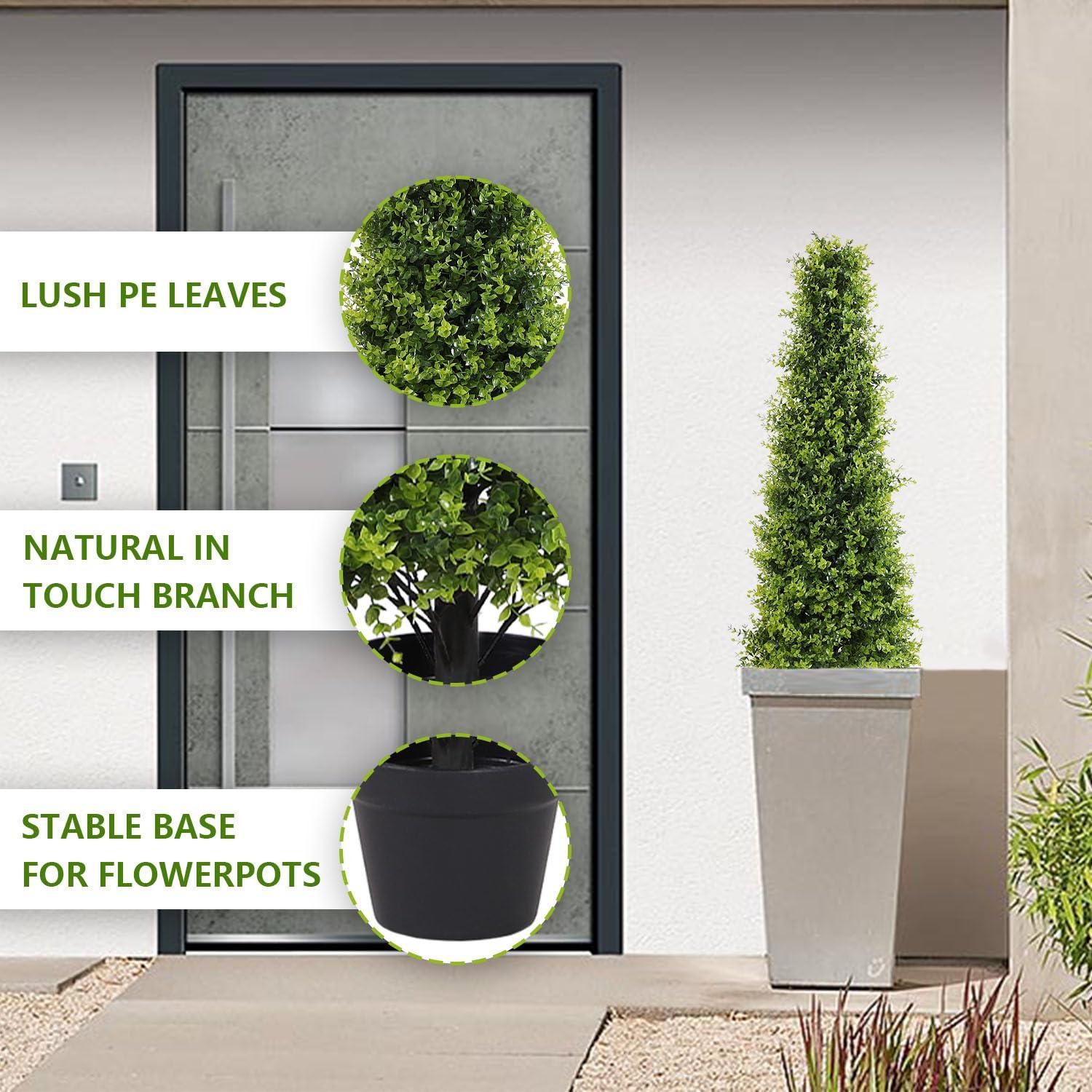 4ft Artificial Boxwood Topiary Trees, Set of 2 – UV Resistant Faux Evergreen Shrubs and Bushes for Outdoor Planters, Realistic Fake Plants for Front Porch Outside Patio Yard, 4 Foot Tall