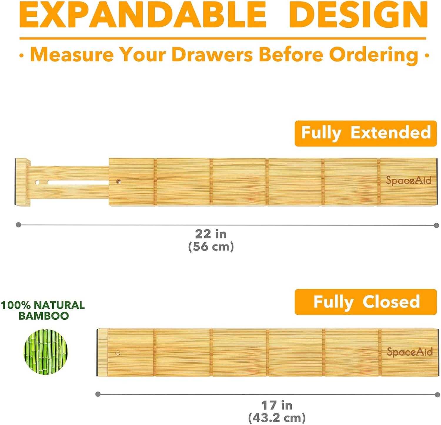 Patented Set of 4  Bamboo Expandable Drawer Dividers with Labels,with 9 Inserts (17-22 in)-SpaceAid®