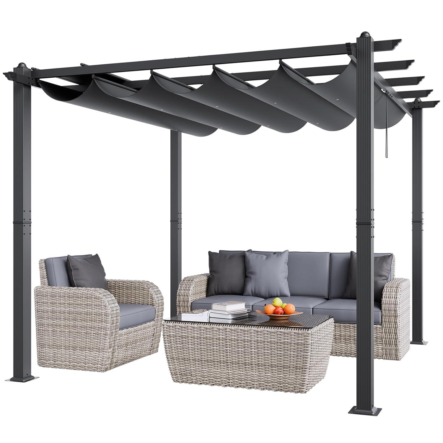 VEVOR 10'x10' Outdoor Retractable Pergola with Canopy, Aluminum Pergola with Retractable Canopy, Modern Style, Sun Shade for Patios, Gardens, Decks, Backyards (Gray)