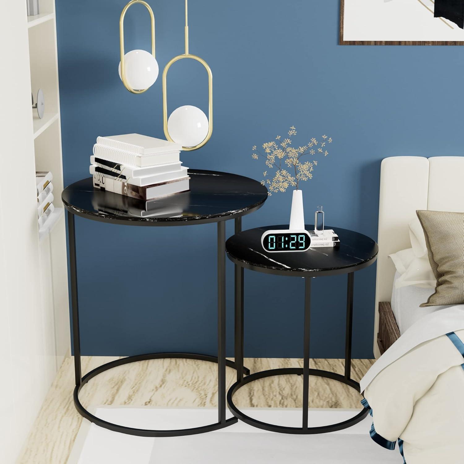 Black Marble Nesting Coffee Table Set with Metal Frame