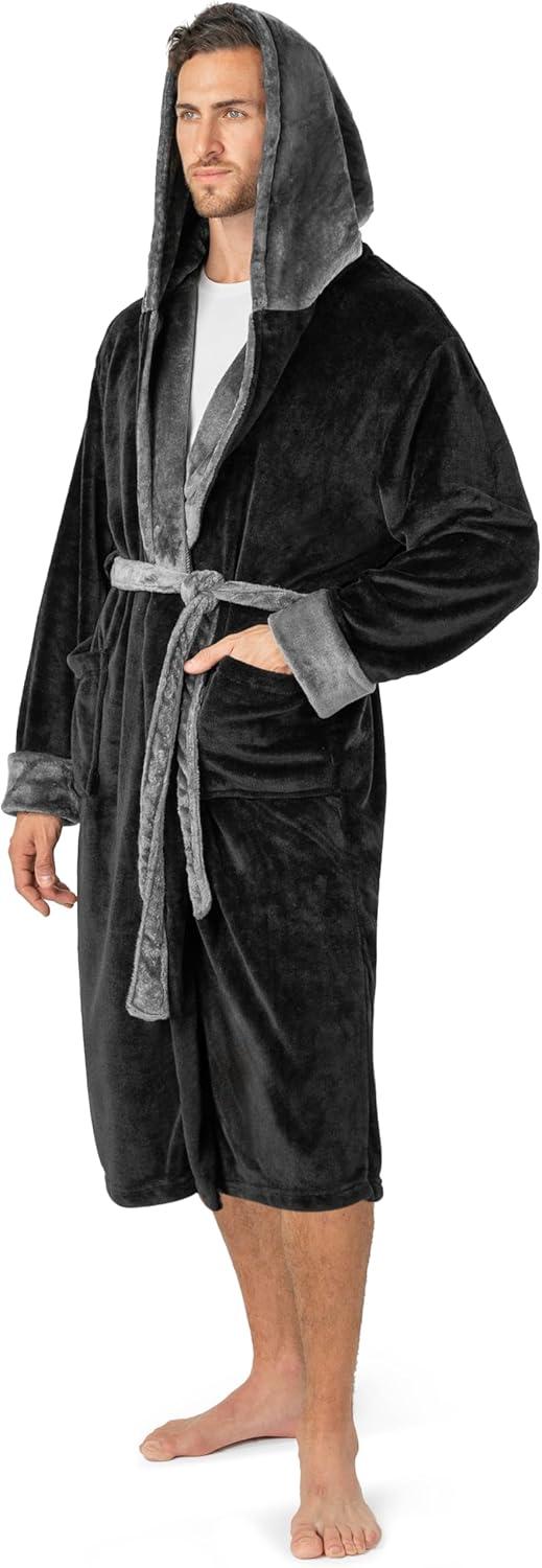 PAVILIA Mens Robe, Hooded Soft Bathrobe for Men, Fleece Plush Warm Shawl Collar Hood Pockets for Bath Shower Spa (Black/Gray, One Size)
