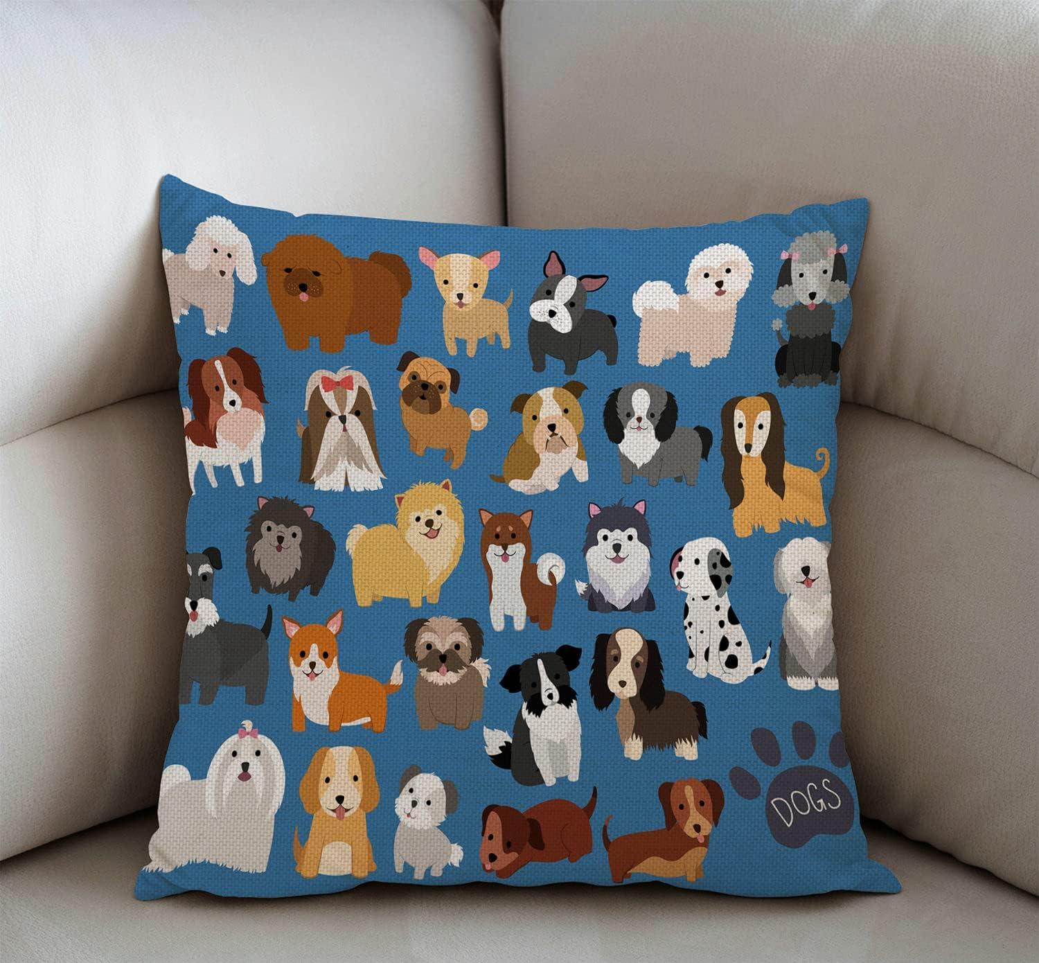 Blue Cotton Linen Dog Print 18" Throw Pillow Cover