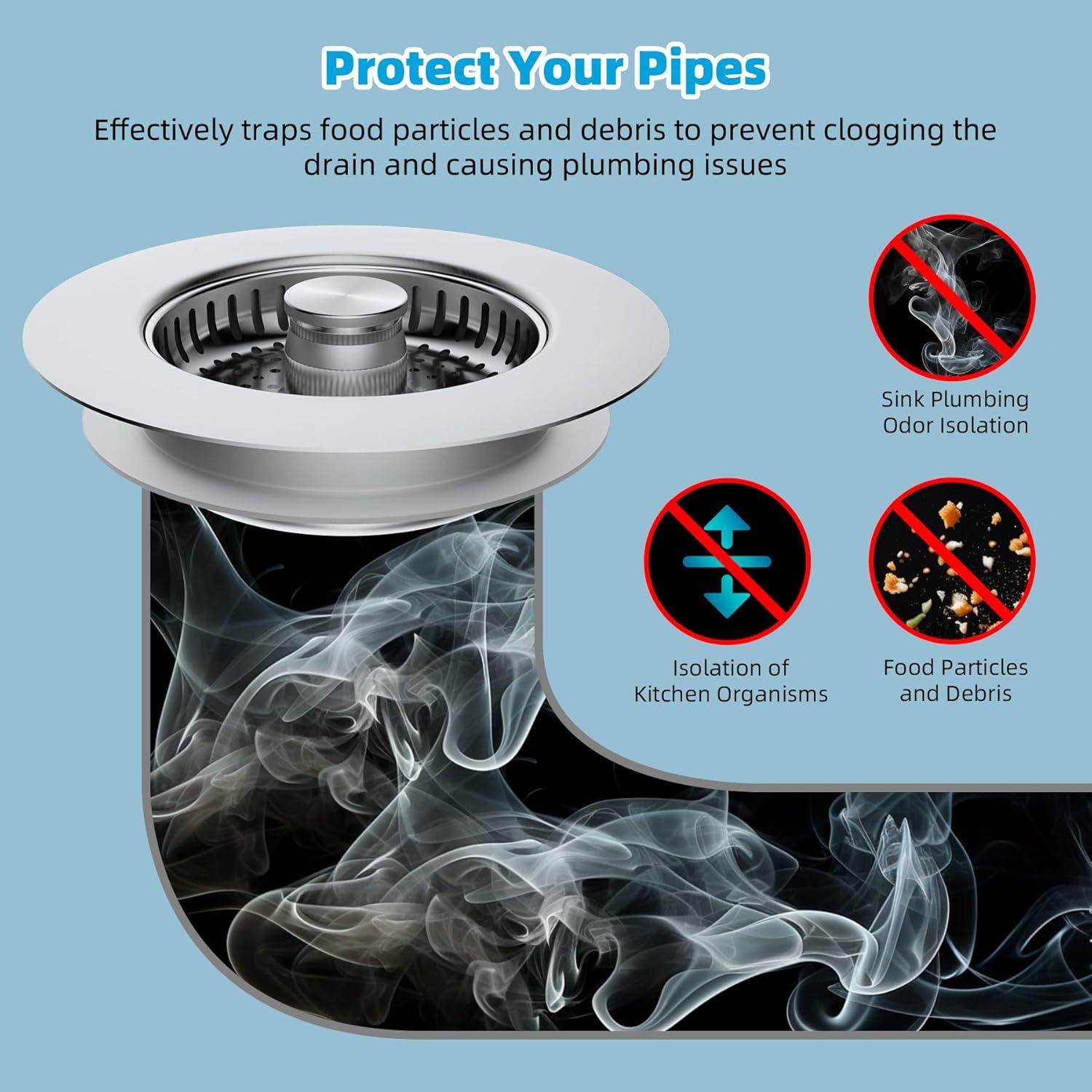 Hibbent 3-in-1 Kitchen Sink Drain Strainer  Stopper , Stainless Steel Pop-Up Design, Anti-Clogging Metal Basket with Handle, Compatible with US Standard 3-1/2" Drain