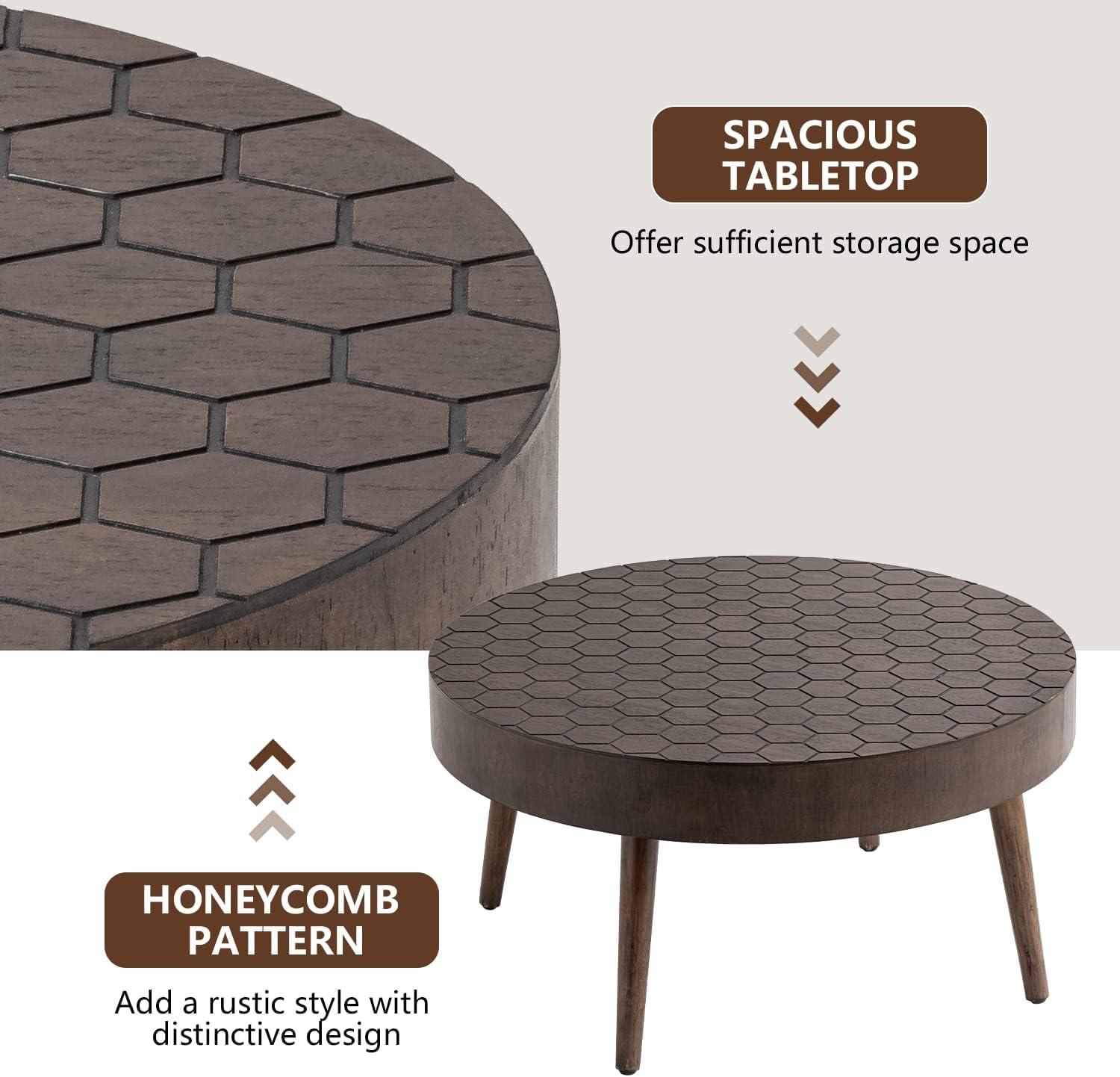 Brown Honeycomb Pattern Round Wood Nesting Coffee Table Set