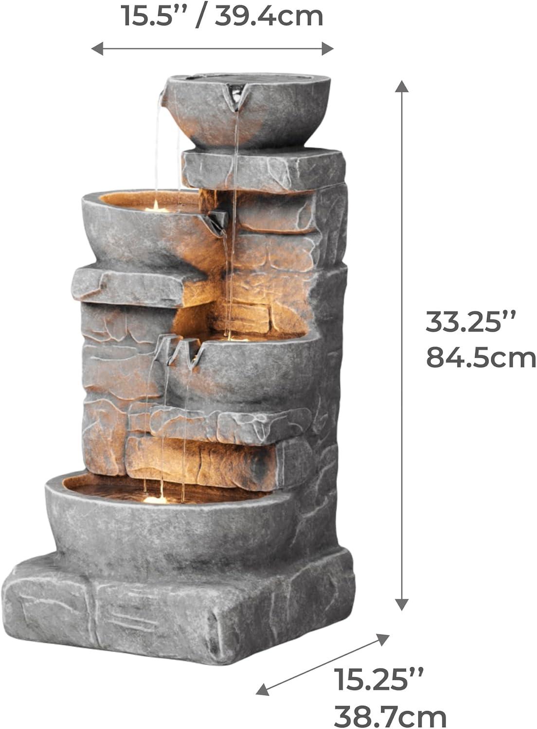 Teamson Home 33.25" Cascading Bowls & Stacked Stones LED Outdoor Water Fountain