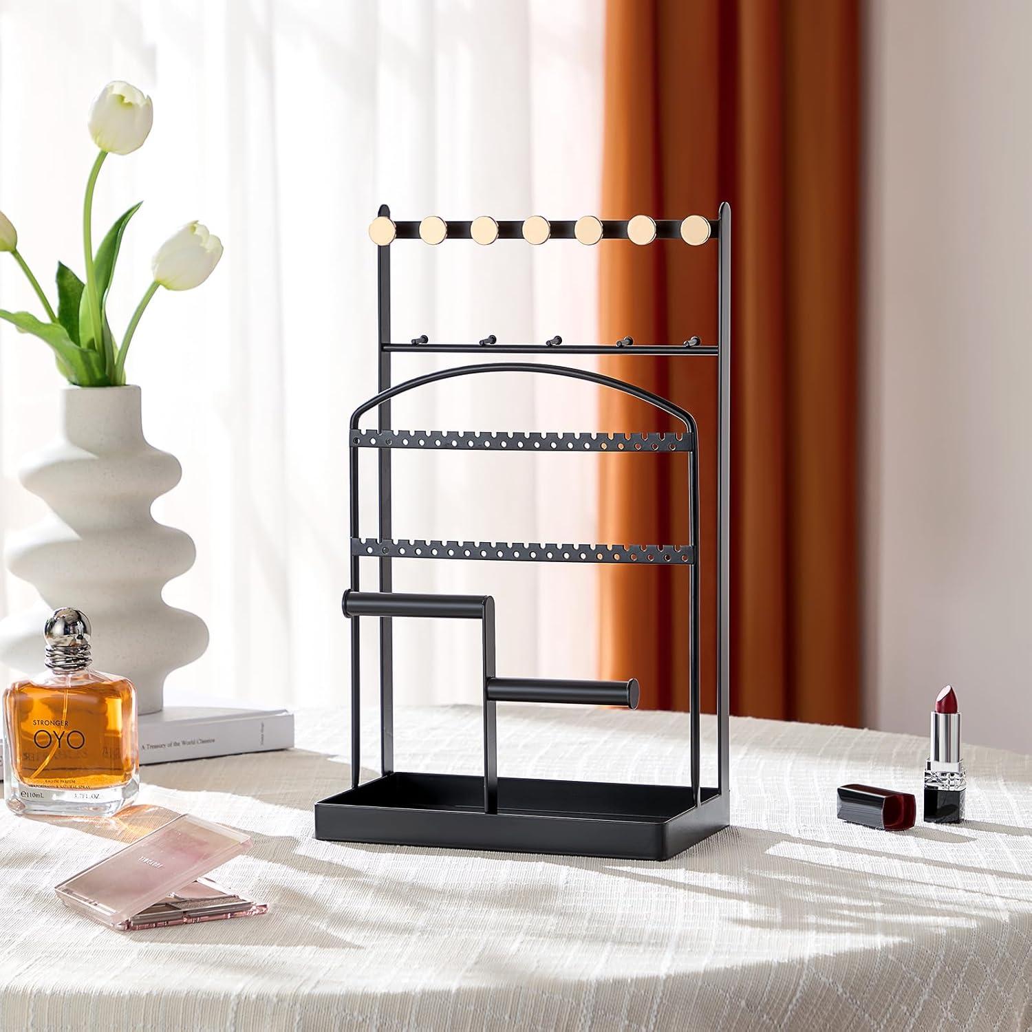 Jewelry Holder, Accessory Organizer, Jewelry Display Stand with Metal Frame and Velvet Tray