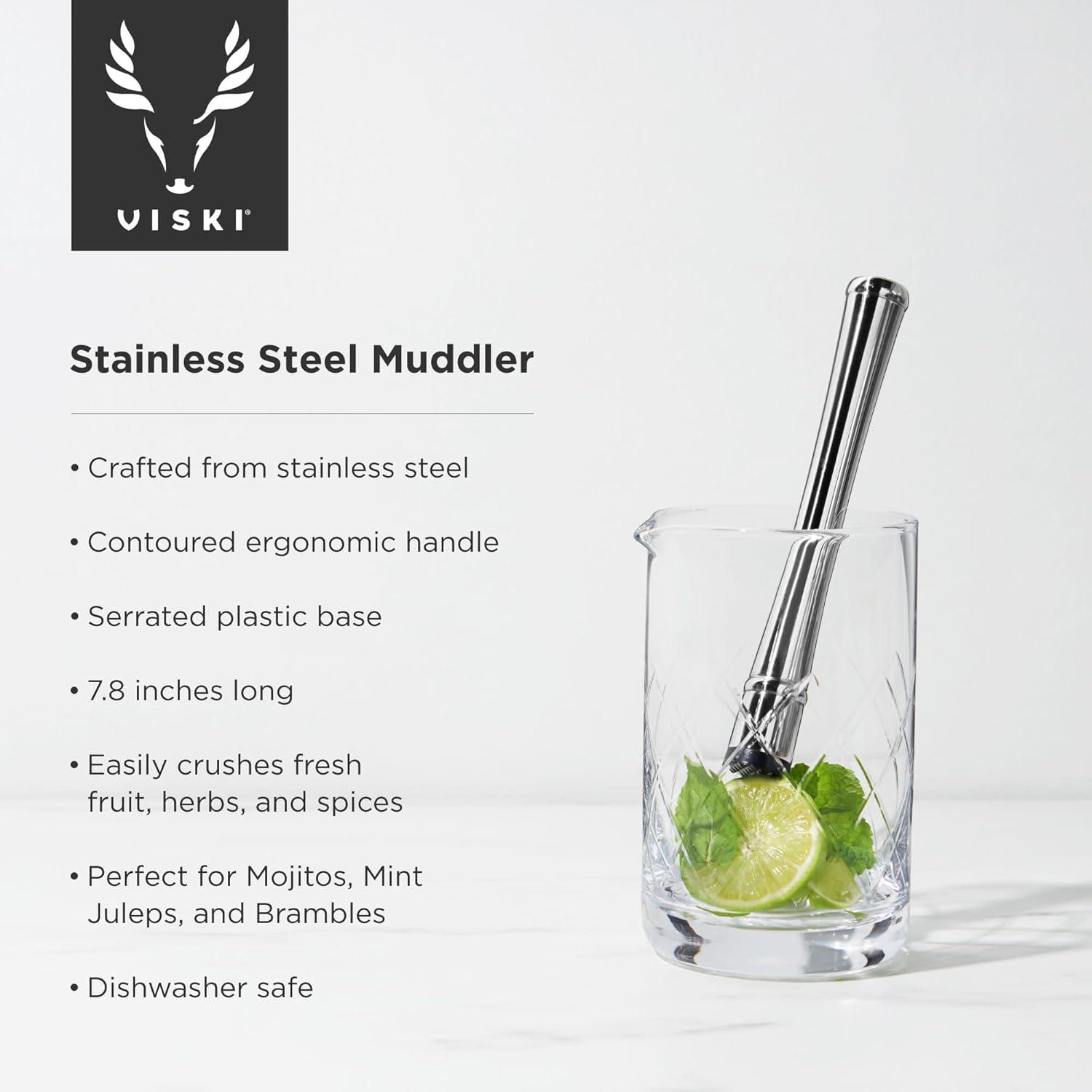 Viski Stainless Steel Muddler, Essential Bar Tools & Accessories, Craft Cocktail Accessories, 7.8 Inches, Silver Finish