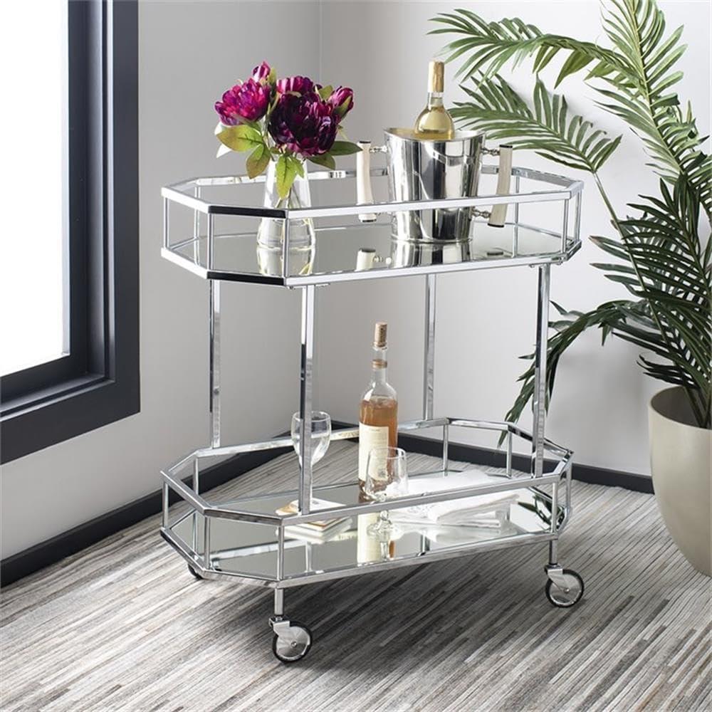 Silva 2 Tier Octagon Bar Cart - BCT8004B - Chrome/Mirror - Safavieh