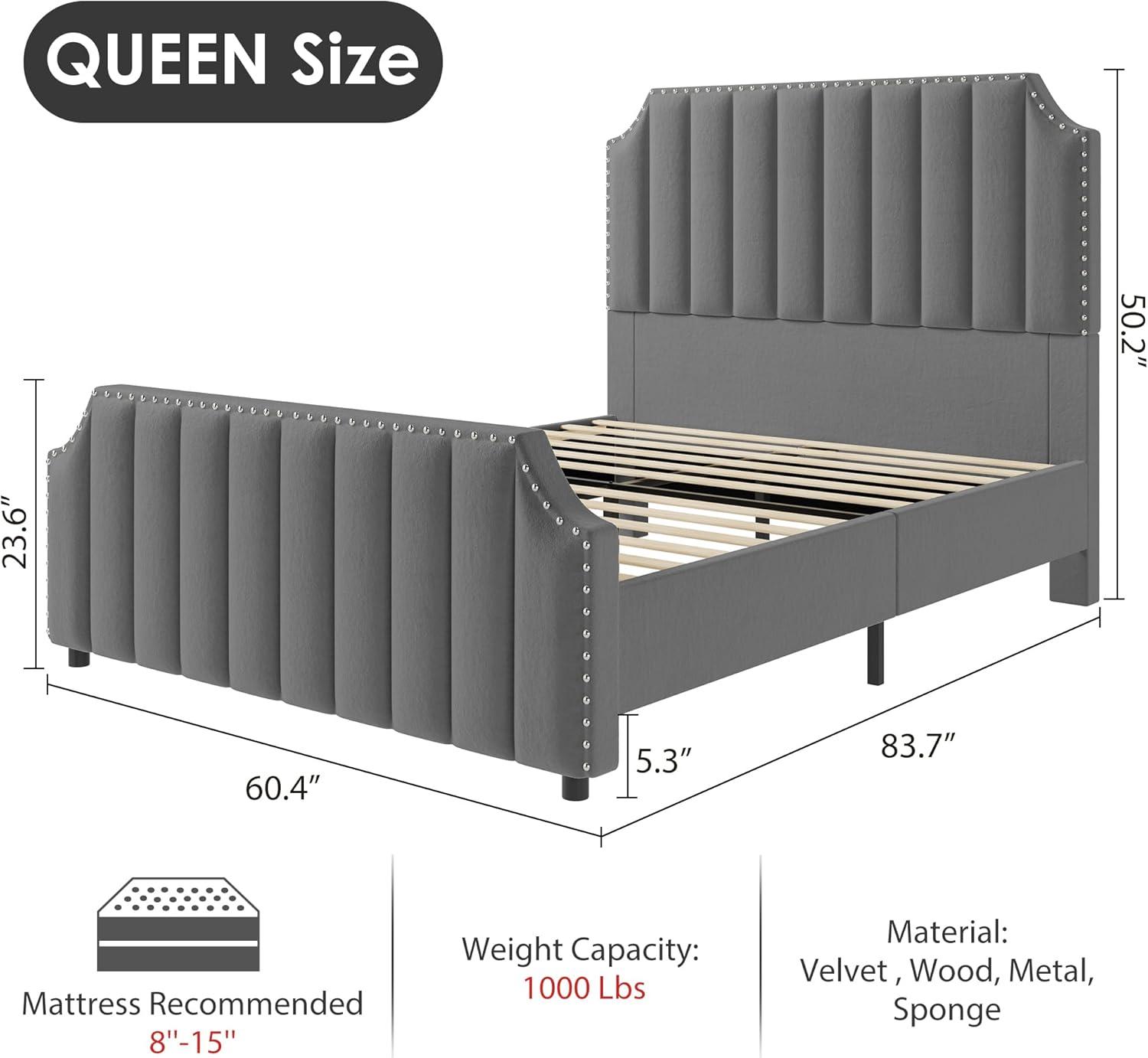 Queen Size Platform Bed Frame with 50.2" Headboard, Velvet Upholstered Bed Frame Queen with Vertical Channel Tufted Headboard & Footboard,Light Gray