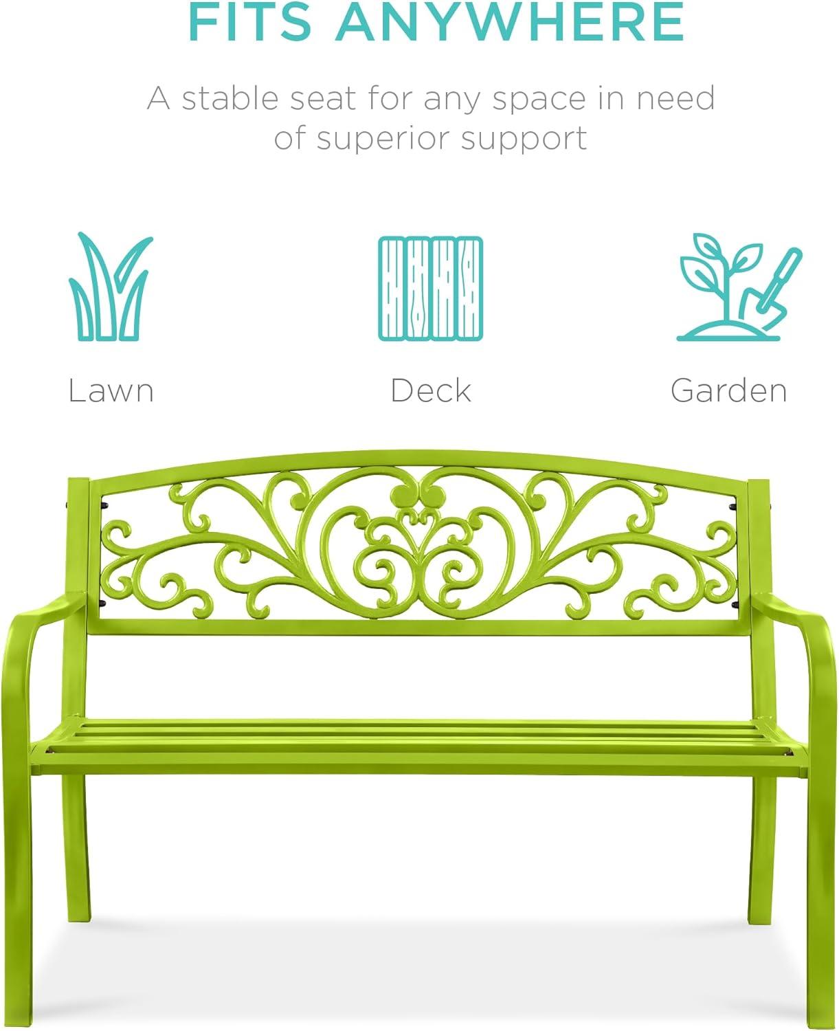 World Menagerie Outdoor Steel Bench with Floral Backrest & Slatted Seat, Marigold for Garden, Patio, Porch, Lawn, and Deck