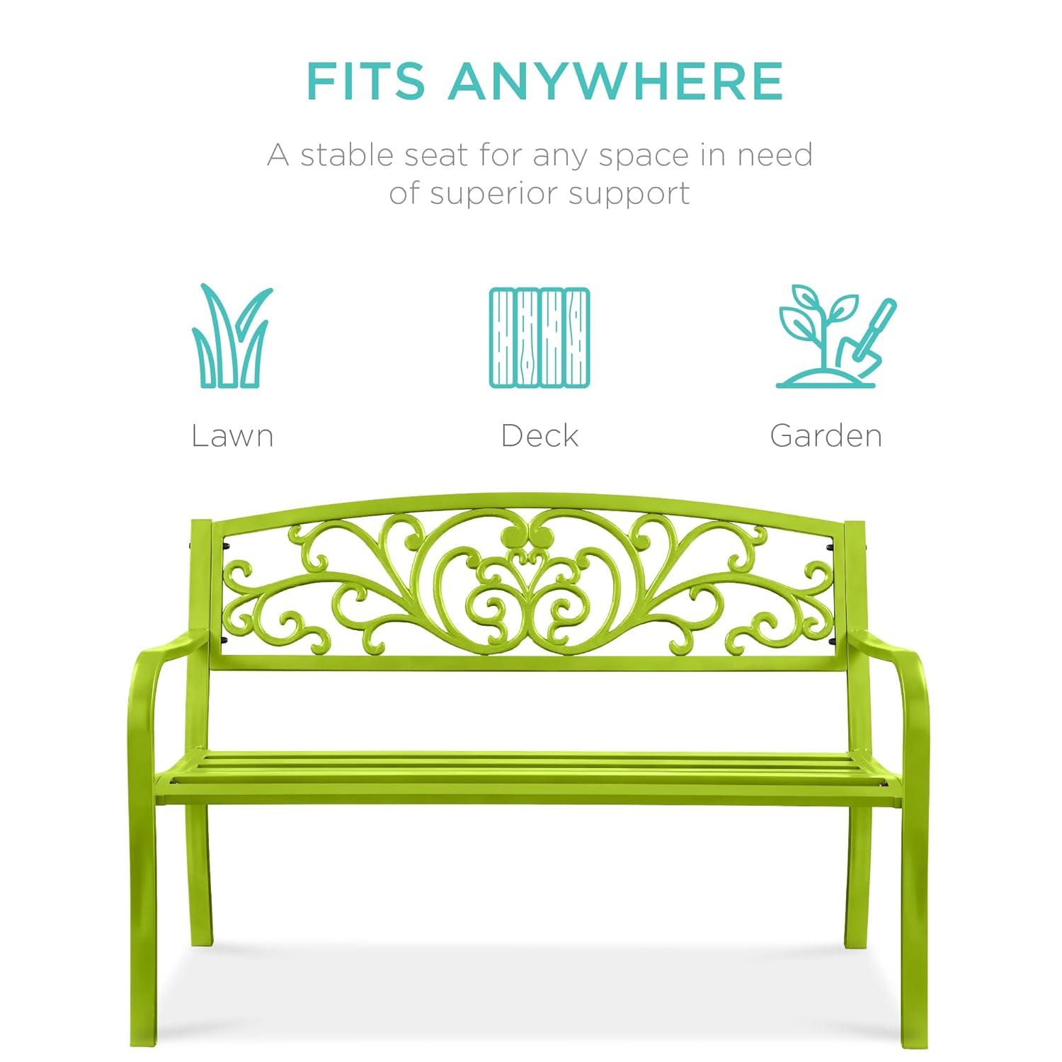 World Menagerie Outdoor Steel Bench with Floral Backrest & Slatted Seat, Marigold for Garden, Patio, Porch, Lawn, and Deck