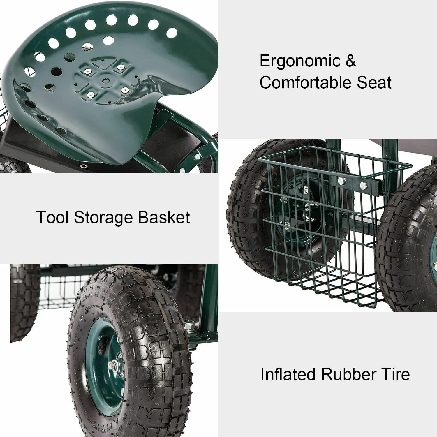 Rolling Garden Cart Scooter Stool - Garden Seat with Wheels Garden Cart with Seat, Adjustable Handle 360 Degree Swivel (Green)