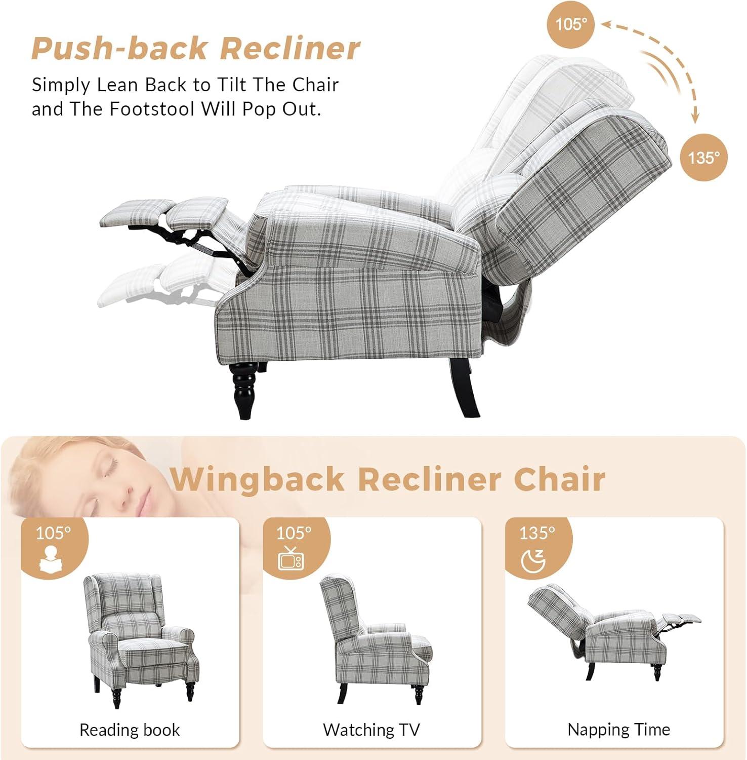 Grey Plaid Upholstered Wingback Recliner with Black Rubber Wood Legs