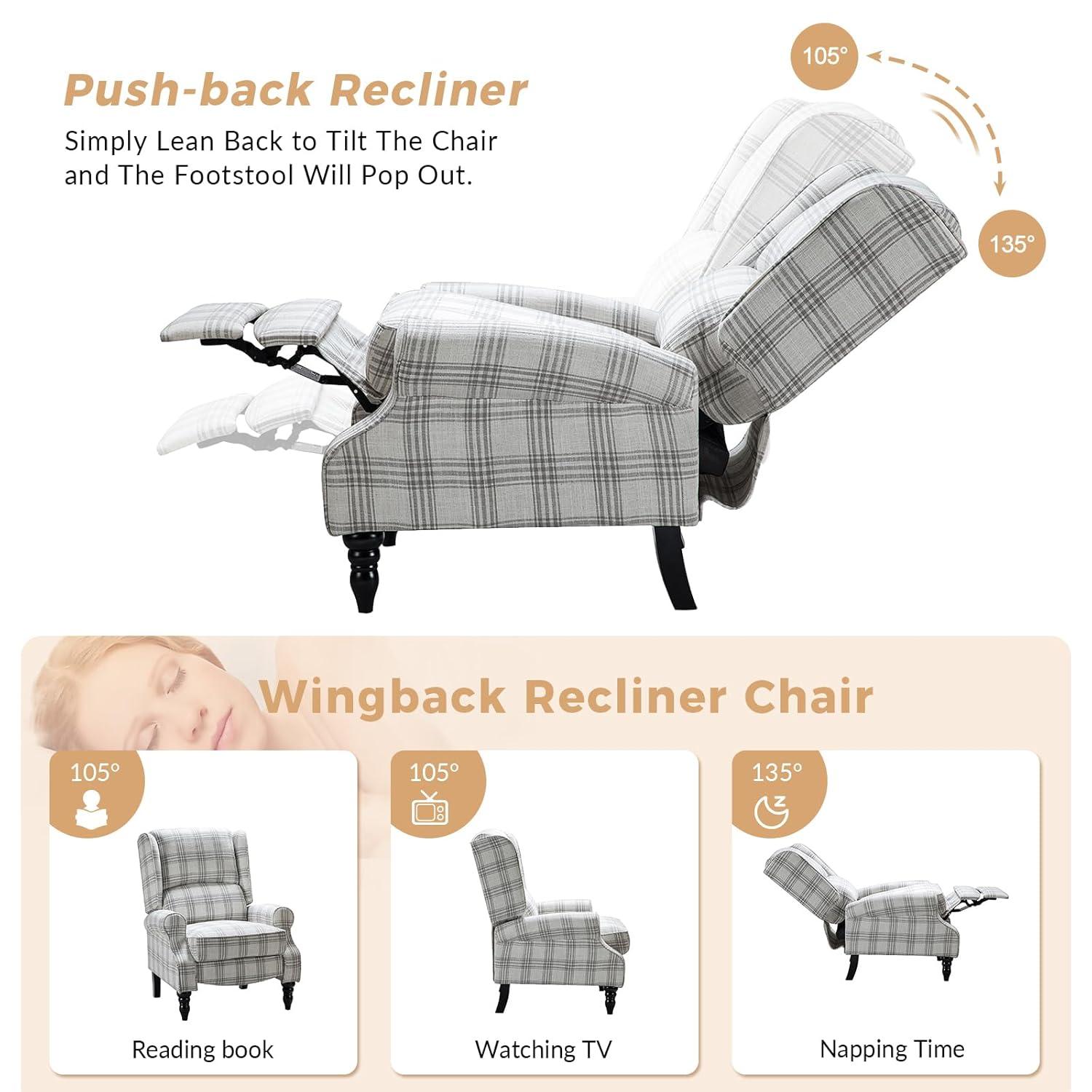 Grey Plaid Upholstered Wingback Recliner with Black Rubber Wood Legs