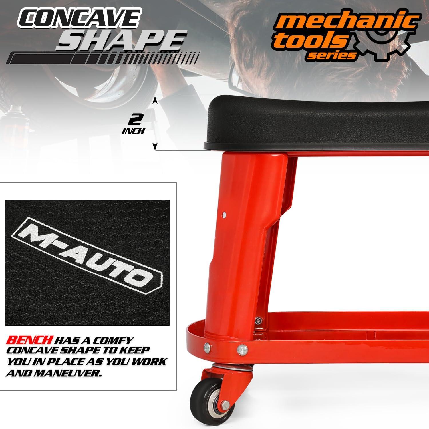 M-AUTO Rectangular Rolling Creeper Garage/Shop Seat Mechanic Roller Stool with Tool Tray Storage, 300 lbs Capacity - Red