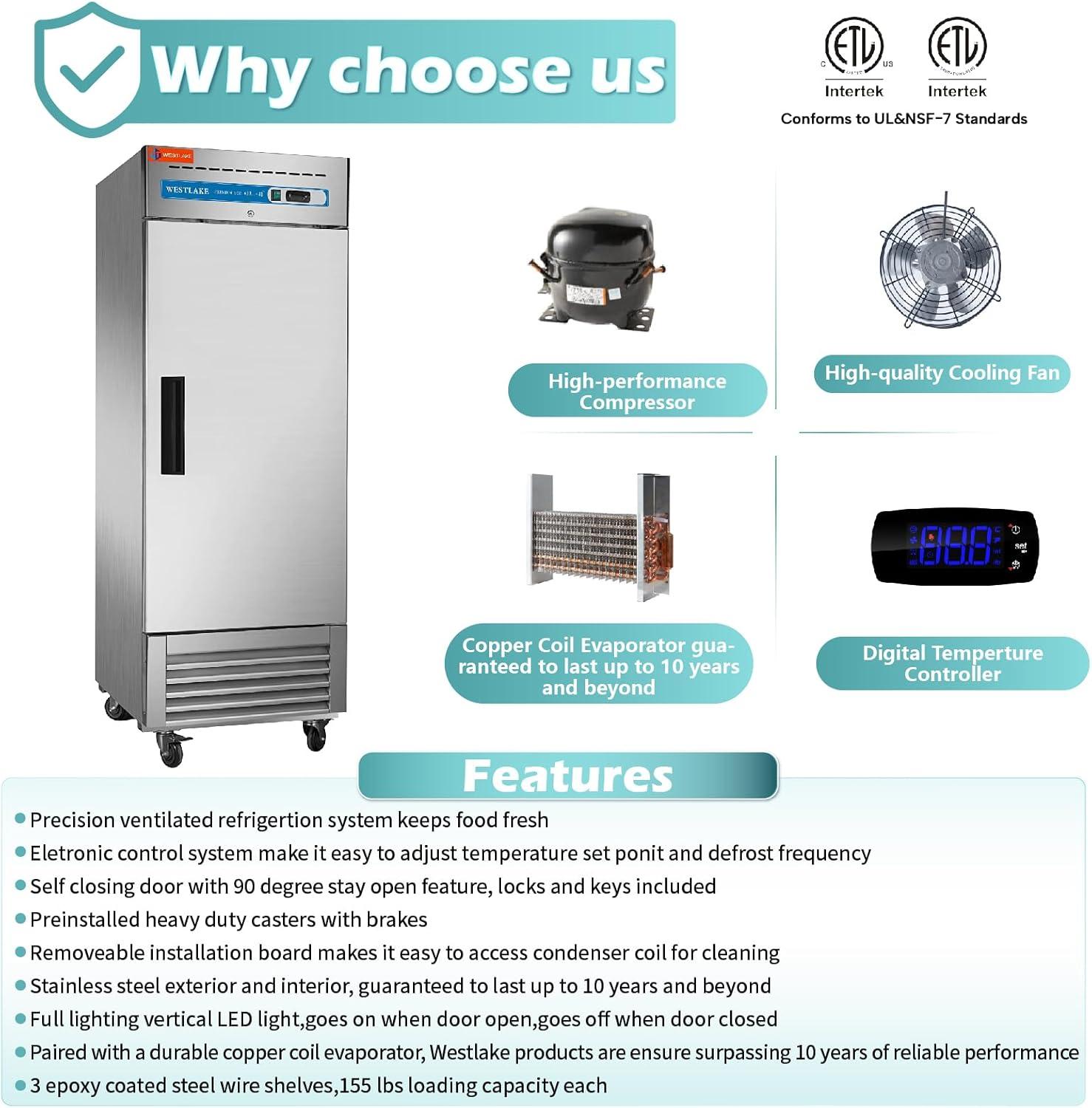 WESTLAKE 27" W Commercial Refrigerator Stainless Steel Reach in Solid Single Door Upright Fan Cooling 23 Cu.ft Cooler for Restuarant, Bar, Shop, etc