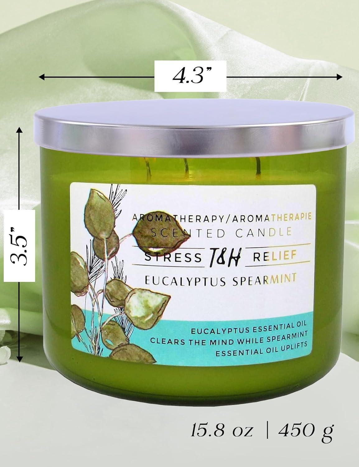 T&H Wholesalers Eucalyptus Spearmint Scented Soy Candle 3 Wick Aromatherapy Candle for Women and Men