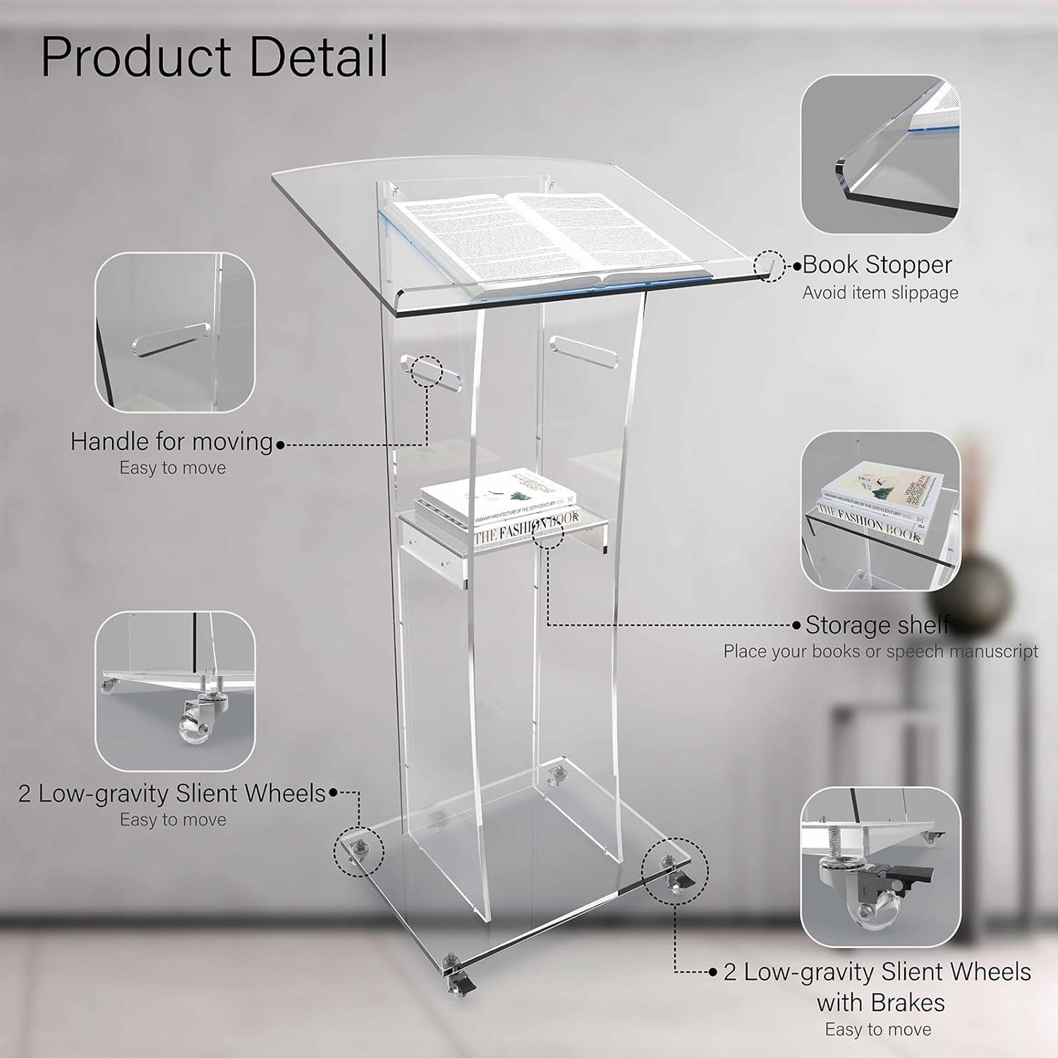 BENTISM Acrylic Podium Acrylic Pulpit 47" Acrylic Podium Stand w/ Wide Reading Surface Storage Shelf Floor-Standing Plexiglass Lectern Stand-Up Podium Conference Lectern for Church Office School White