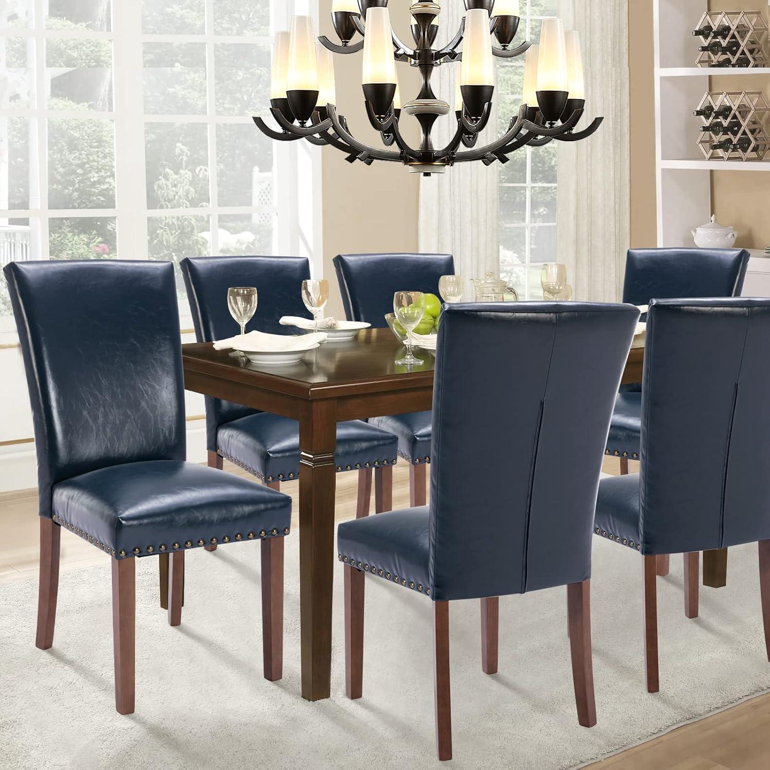 COLAMY Upholstered Dining Chairs Set of 2, PU Leather Dining Room Chairs with Nailhead Trim and Wood Legs - Blue