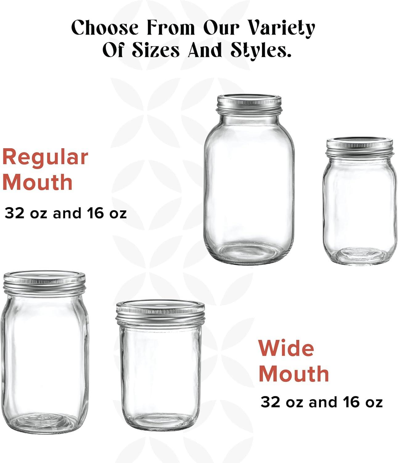 [6 Pack] 32 oz. Wide-Mouth Glass Mason Jars with Metal Airtight Lids and Bands 1 quart Large for Canning, Preserving, & Meal Prep